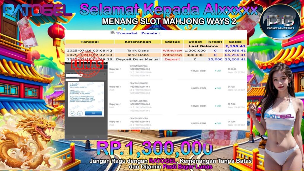 BUKTI JACKPOT SLOT MAHJONG WAYS 2 TERPERCAYA DI INDONESIA TGL 16-07-2025